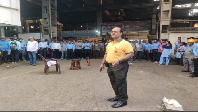 Railway employees attending fire fighting, CPR, first aid and disaster management training at New Electric Loco Shed in Tatanagar.